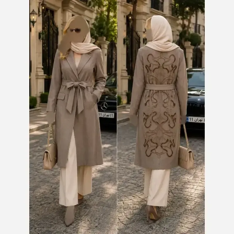 پالتو زنانه مدل ناز پارچه هرمس استردار گلدوزی شده سایز 38 تا 48