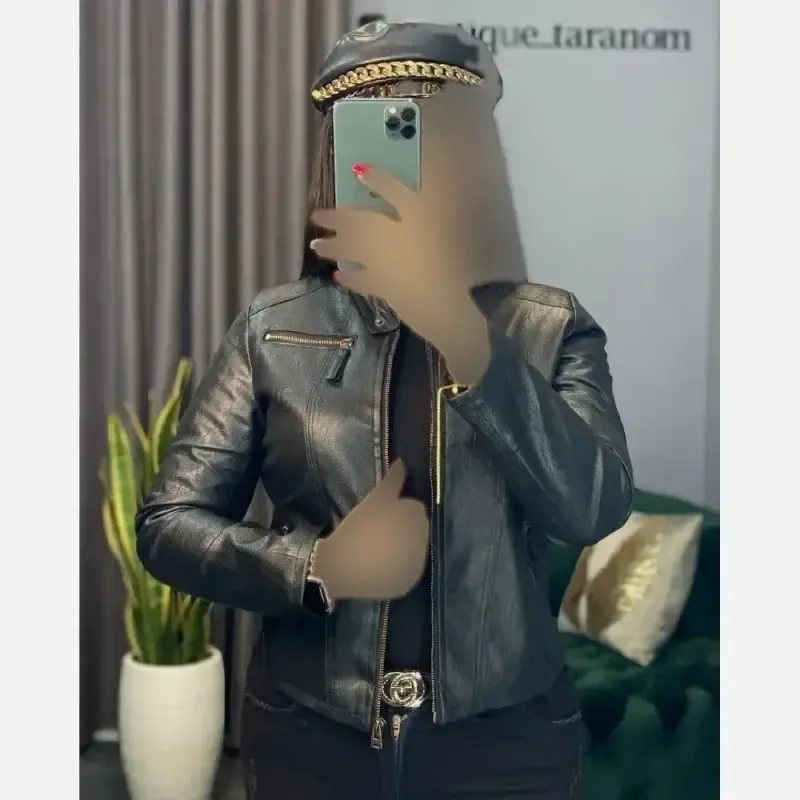 کت چرم زنانه مدل هورسا آستردار رنگ مشکی و قهوه ای تیره