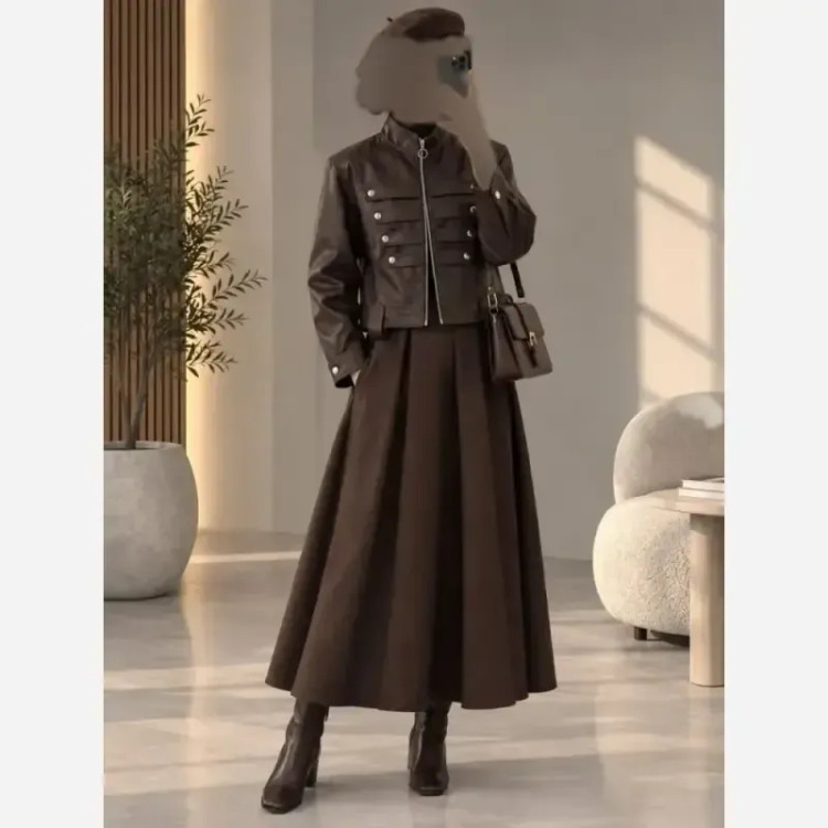 کت زنانه چرم مدل ناپلئونی دیبا رنگ مشکی و قهوه ای