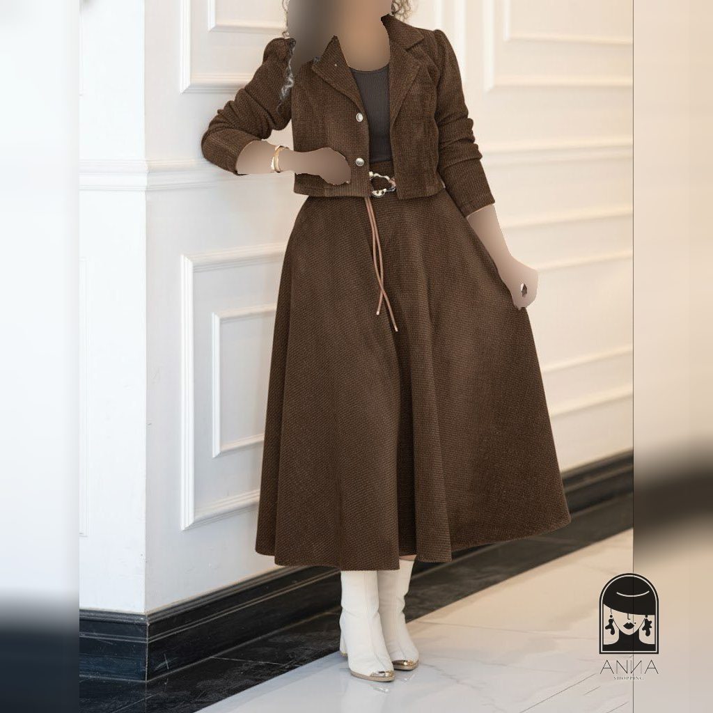 ست کت دامن زنانه مدل رعنا جنس مخمل کبریتی سایز ۱ تا ۲
