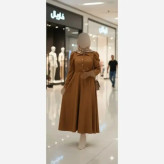 پیراهن بلند مخمل کبریتی ریز شتری کمربنددار سایز فری 44