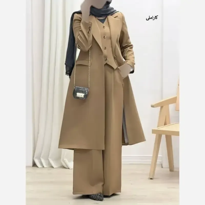 ست سه تیکه مانتو شلوار و جلیقه کرپ مازراتی کجراه