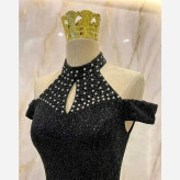 ماکسی مجلسی زنانه دانتل چمنی مشکی کاپدار نگین دار سایز بزرگ