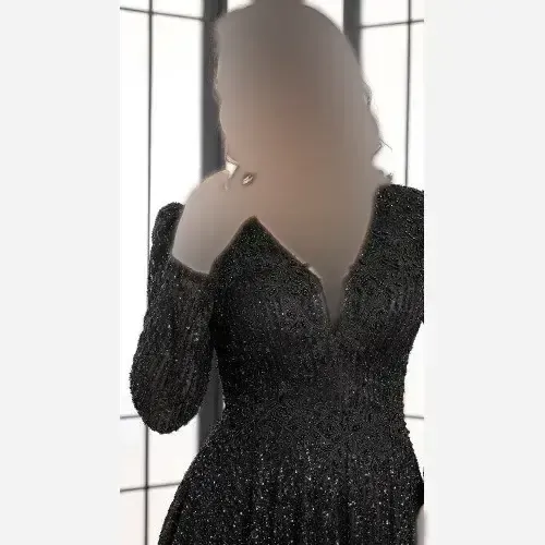 پیراهن مجلسی زنانه دانتل چمنی مشکی بلند سنگدوزی شده کاپدار سایز بزرگ