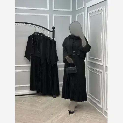 ست سه تیکه نیلماه سارافون و کت و کمربند رنگ مشکی فری سایز