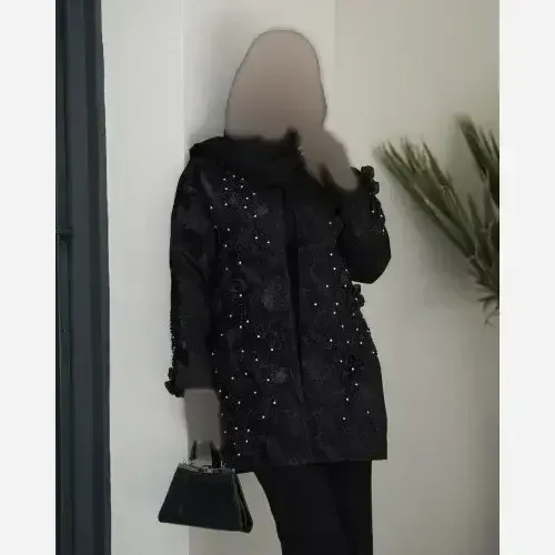 کت مخمل ژاکارد زنانه مشکی قد 85 سانتی متر قزن دار سایز بزرگ