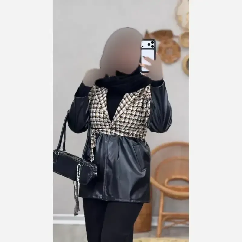 مانتو کتی ترکیبی چرم و توییت پشمی کمربنددار فری سایز
